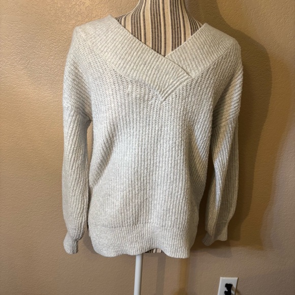 Pink Rose Sweater Large Cream Grey V-Neck Long Slvs Super Soft Hi-Low Side Slits - Picture 6 of 13